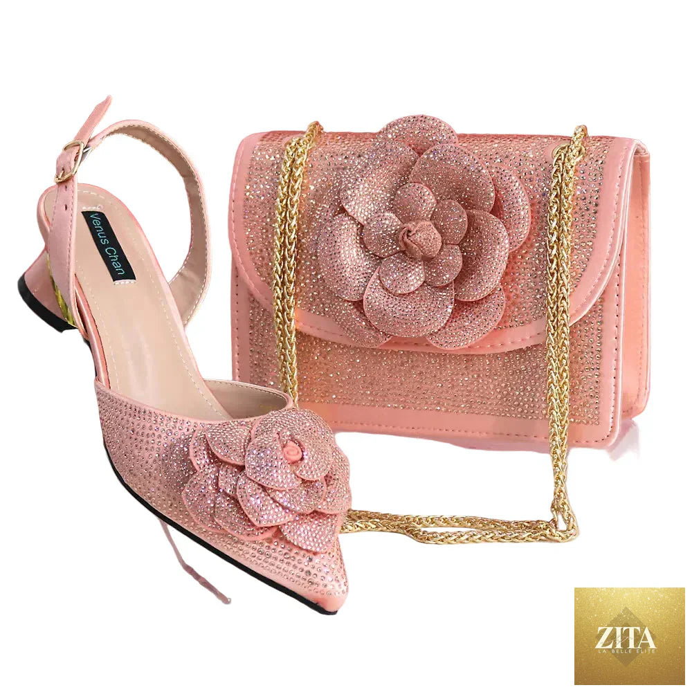 Elegant lady shoes and matching bag set with rhinestones from EdleessFashion, featuring luxurious design and intricate detailing.