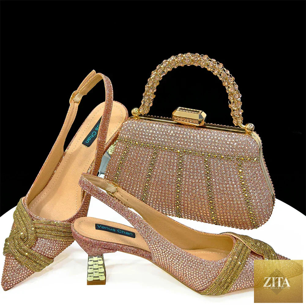 Elegant women's shoes and matching bag set by EdleessFashion with rhinestone details, perfect for special occasions.