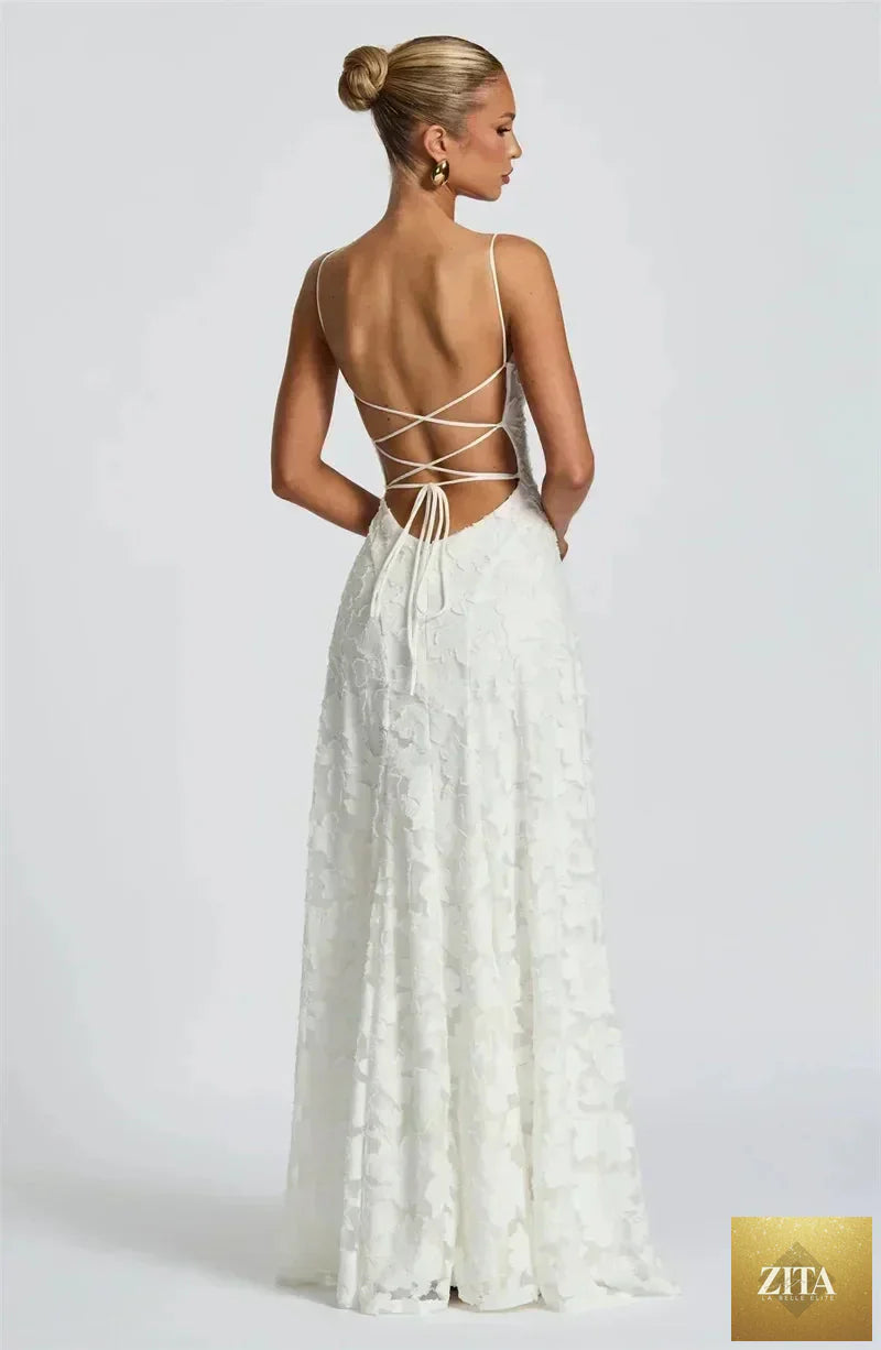Femstylo women's backless spaghetti strap maxi dress with off-shoulder design, lace-up detail, perfect for evening and party wear.