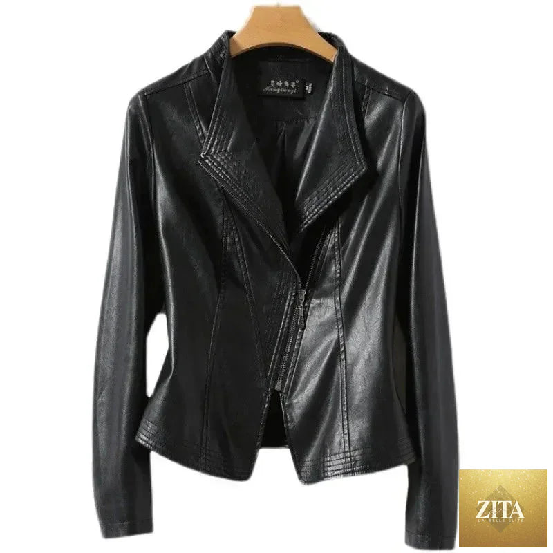 Women’s sheepskin short jacket with inclined zipper, casual style, ideal for autumn and winter, by SMinvite LLC.