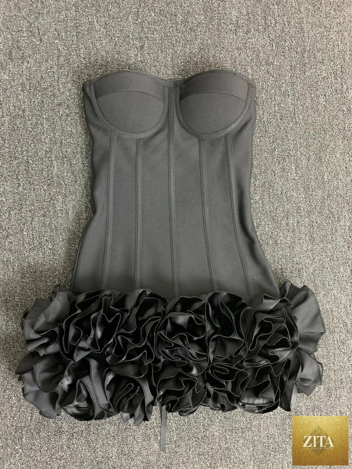 Femstylo women's strapless bandage dress with lace-up back, floral hem, bodycon fit, perfect for evening parties and birthdays.