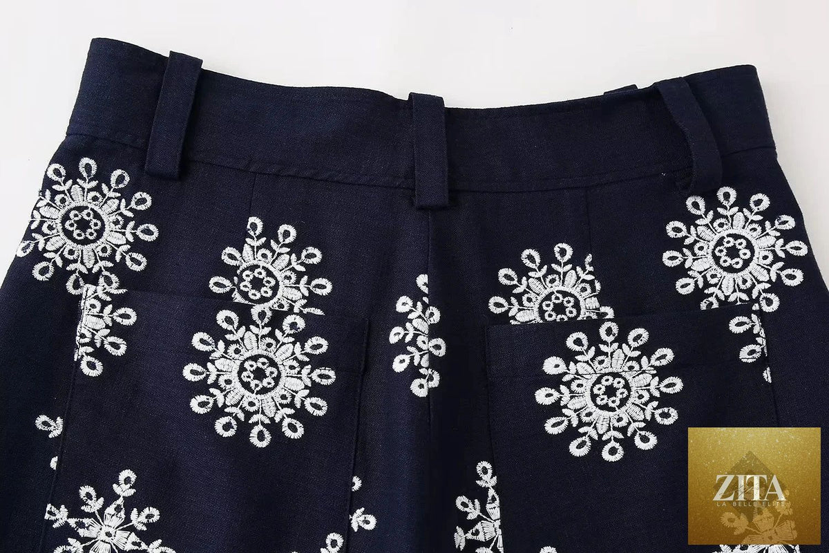 Navy blue floral embroidery cropped pants for women by Ladyez, summer casual fashion with zip detail and feminine style.