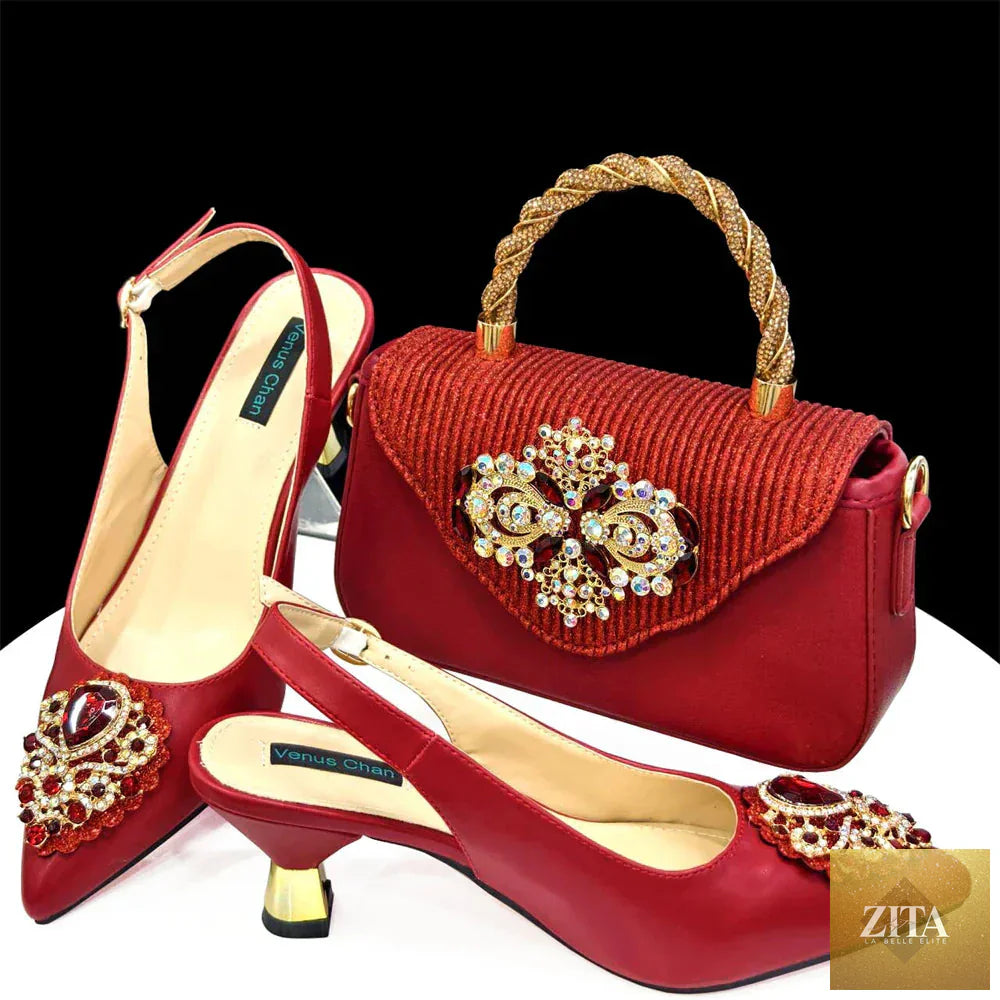 Luxurious EdleessFashion women's crystal pointed high heels shoe and bag set, elegant footwear and accessories displayed together.