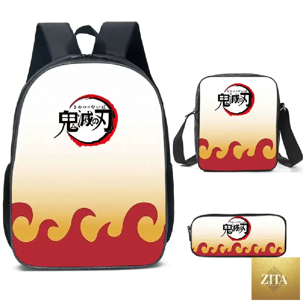 Nezuko Demon Slayer backpack set with three schoolbags, featuring vibrant anime character designs and adjustable straps.
