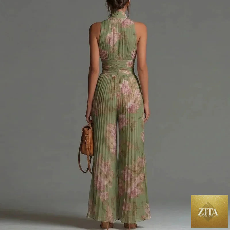 Elegant women's Selvanelle spring jumpsuit with stand collar, zipper, pleated design, high waist, wide legs, sleeveless romper.
