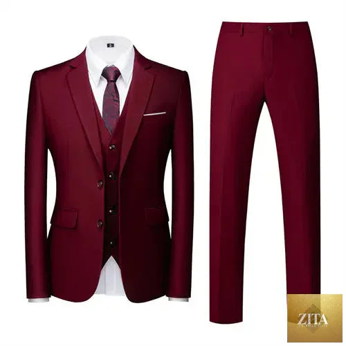 Men's 3-piece suit with slim fit blazer, vest, and trousers by SMinvite, LLC, featuring classic tailoring and modern style.