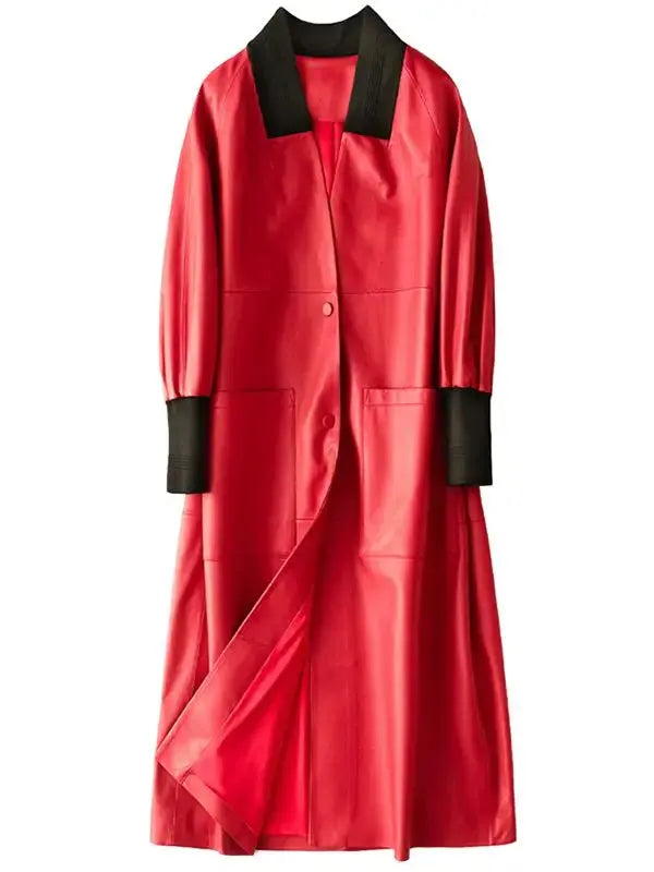 Nerazzurri Spring Autumn Loose Long Leather Trench Coat for Women with V Neck Raglan Sleeve Pockets Luxury Designer Clothes 2022 ZITA LA BELLE ÉLITE