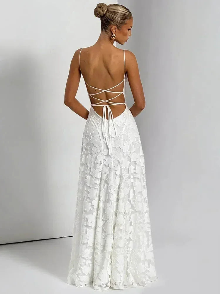 Femstylo women's backless spaghetti strap maxi dress with lace-up front, off-shoulder design, perfect for evening or party occasions.