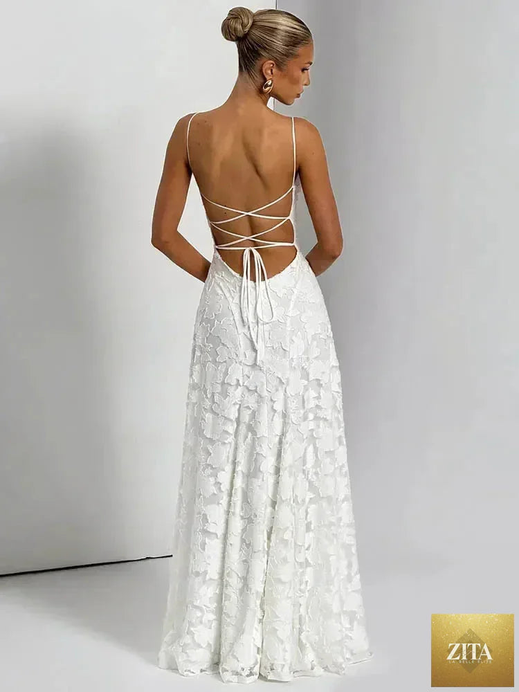 Femstylo women's backless spaghetti strap maxi dress with lace-up front, off-shoulder design, perfect for evening or party occasions.