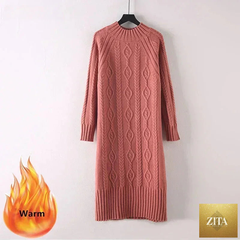 Women’s velvet winter sweater dress with mock neck, rib knit midi length, thick plus velvet fabric, paired with coat.