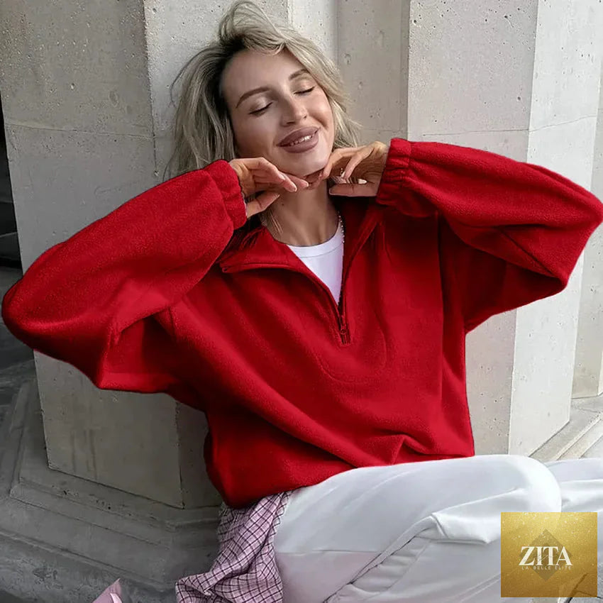 Women’s autumn winter fleece hoodie by LadyShow.Store with stand collar, zipper, loose fit, solid color, casual streetwear style