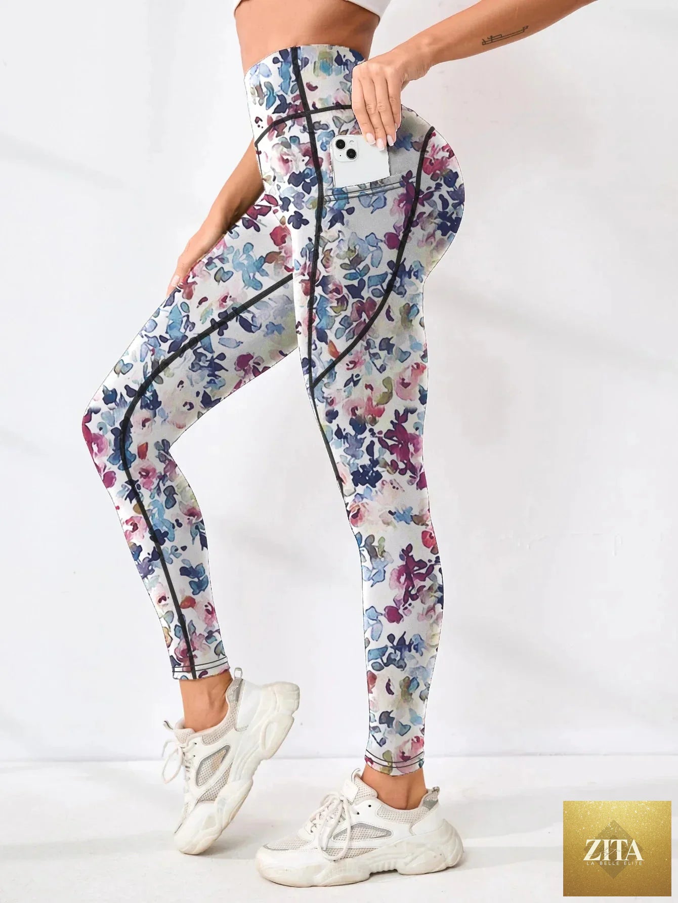 Printed high-waist pocket fitness leggings for women by FitiqueFit, featuring a stylish design and functional side pockets.