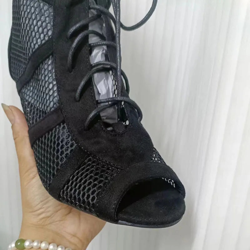 LadyShow women's black lace-up open toe dancing sandals with ankle strap, thin high heels, and hollow out design.