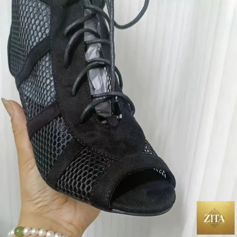 LadyShow women's black lace-up open toe dancing sandals with high heels, ankle strap, and hollow out design for comfort.
