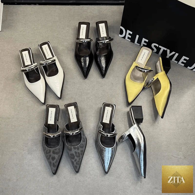 Summer women’s cover toe mules by LadyShow.Store featuring metal decoration, thick heel, slide design, and comfortable street style shoes.