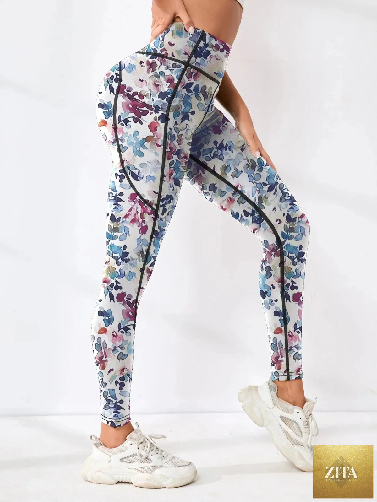 Printed high-waist pocket fitness leggings for women by FitiqueFit, featuring a stylish design and functional pockets.