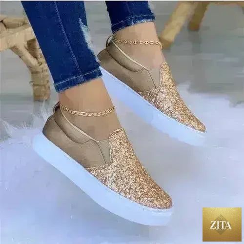 Femstylo glitter moccasin loafers for women in rose gold, black, and gold styles, featuring shiny, stylish sneakers.
