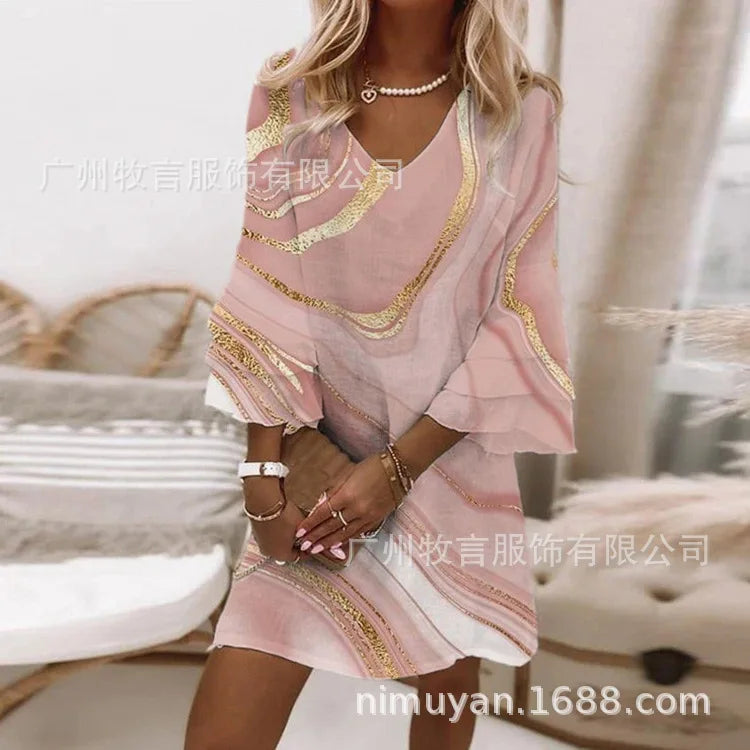 Plus size women's flared dress with butterfly sleeves and loose waist, elegant and stylish for casual or special occasions.