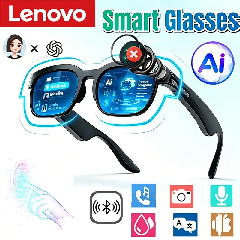Lenovo AI Smart Glasses with translation, Bluetooth, recording, and music features, shown with sleek black design for men and women.