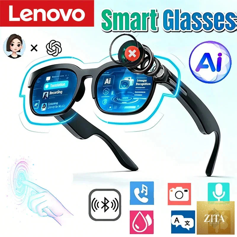 Lenovo AI Smart Glasses with translation, Bluetooth, recording, and music features, shown with sleek black design for men and women.