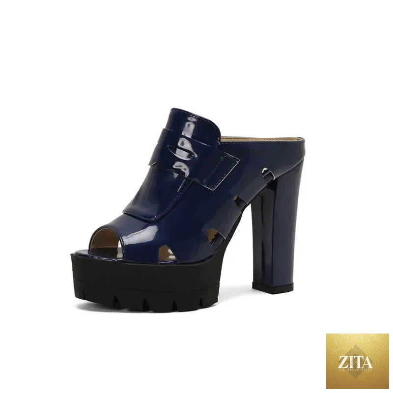 Women's platform sandals with high chunky heels, patent leather, and slip-on design, perfect for summer fashion.