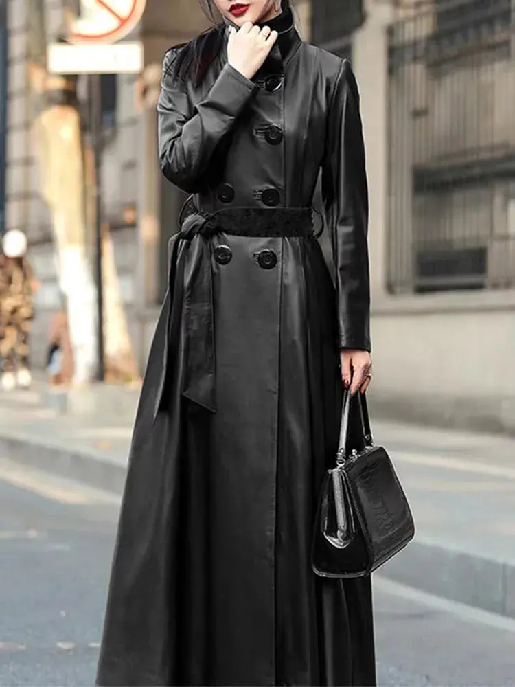 Mauroicardi Spring Autumn Extra Long Soft Pu Leather Trench Coat for Women Sashes Double Breasted Elegant Luxury Chic Overcoat ZITA LA BELLE ÉLITE