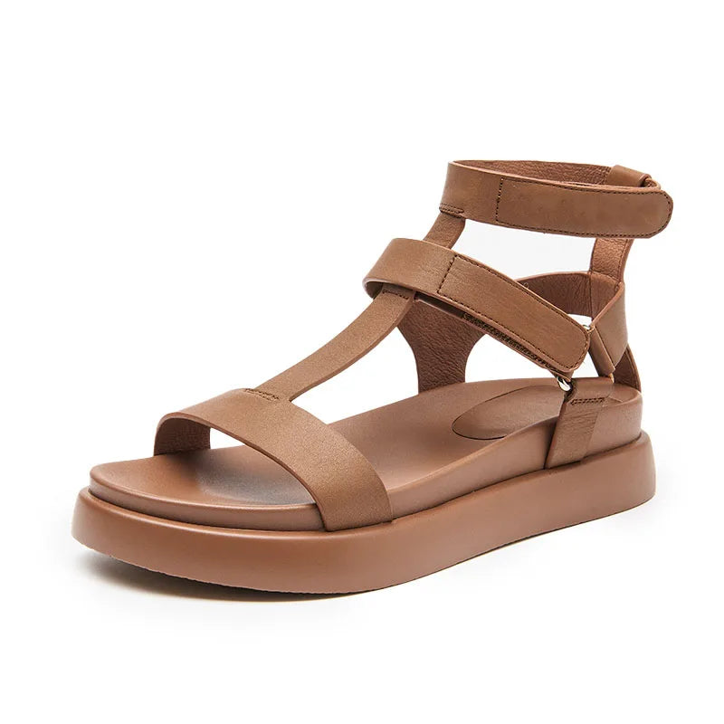 BeauToday Summer Gladiator Sandals Women Calfskin Leather Open Toe T-bar Strap Hook & Loop Summer Ladies Shoes Handmade 07130