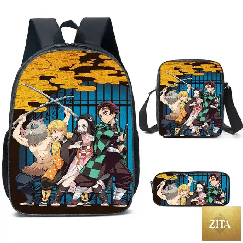 Demon Slayer Nezuko backpack from Infinite Visibility, part of a 3-piece schoolbag set, featuring detailed anime character design.