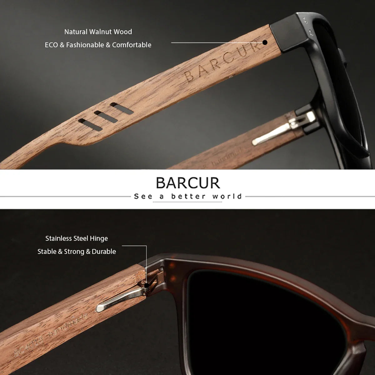Stevvex BARCUR handmade polarized wooden sunglasses with square frame, mirror lenses, UV400 protection, lightweight design for outdoor use