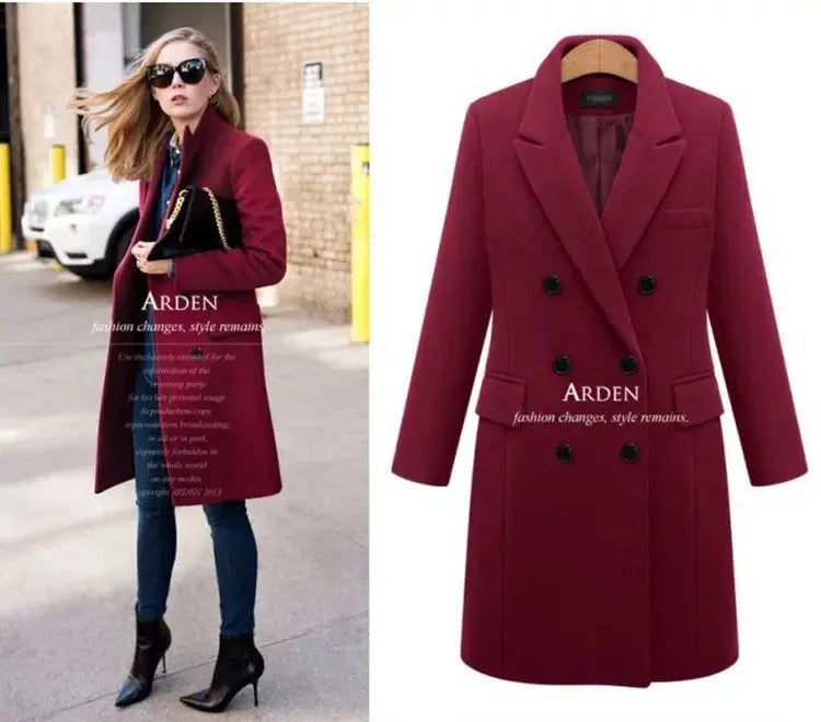 Mid-Length Woolen Women's Coat Double-Breasted Woolen Coats Trench Solid Color Autumn Winter Warm Outwear ZITA LA BELLE ÉLITE