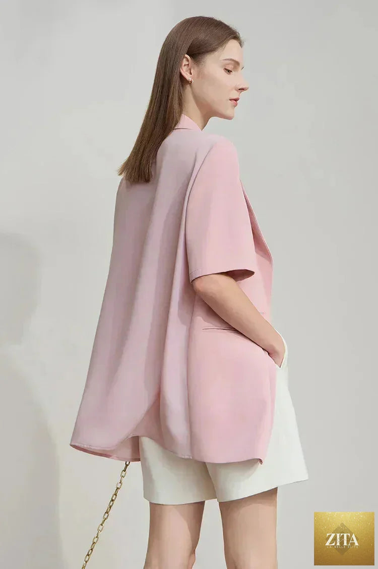 Femstylo Amii Women's Summer Blazer with notched lapel, contrast patchwork, one button, short sleeves, minimalist design