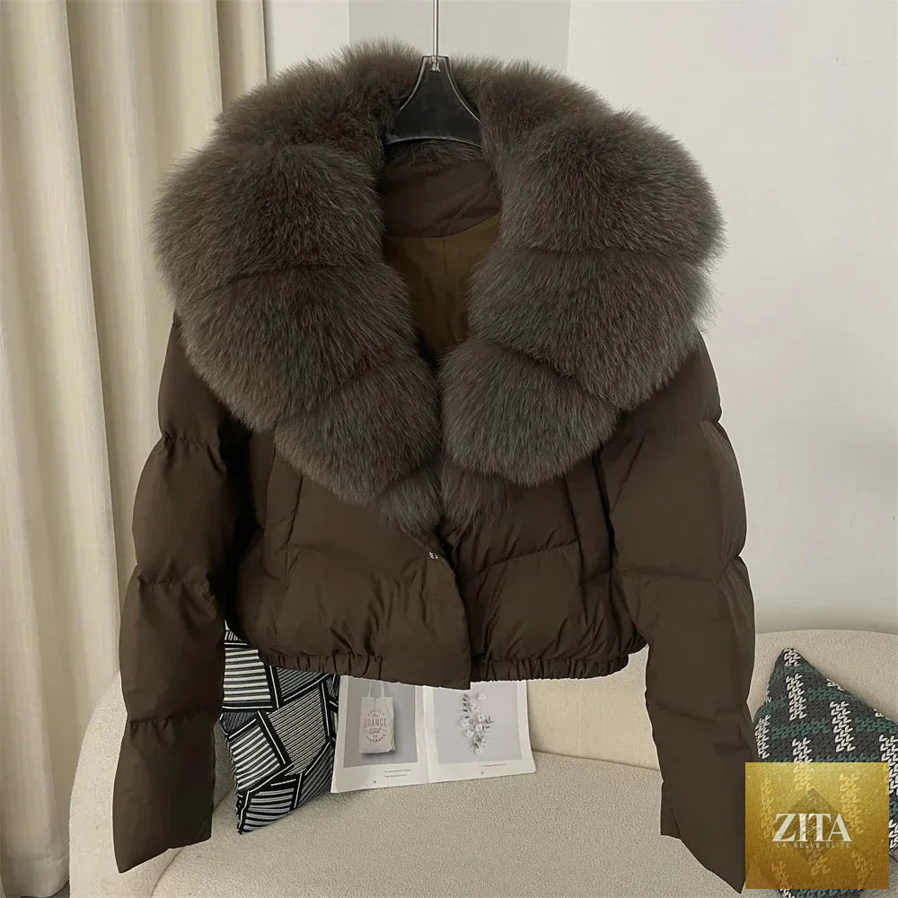 Down Jacket Women Short Puffer Jacket Thick New Big Natural Real Fox Fur Coat Autumn Winter Female White Duck Down Coat Feather
