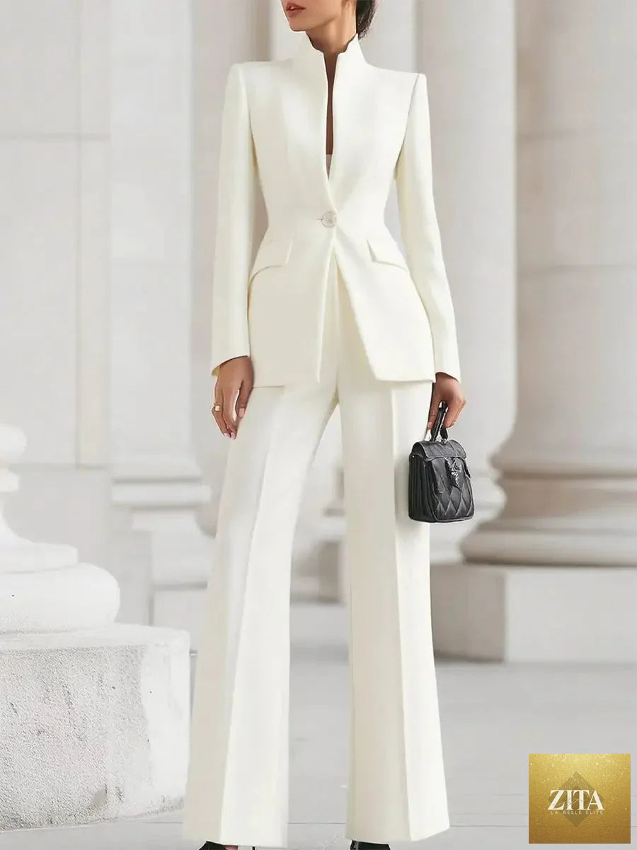 White women's suit blazer and pants set by Nurse Nook Clothes, slim fit, single button blazer for business, work, or casual wear.