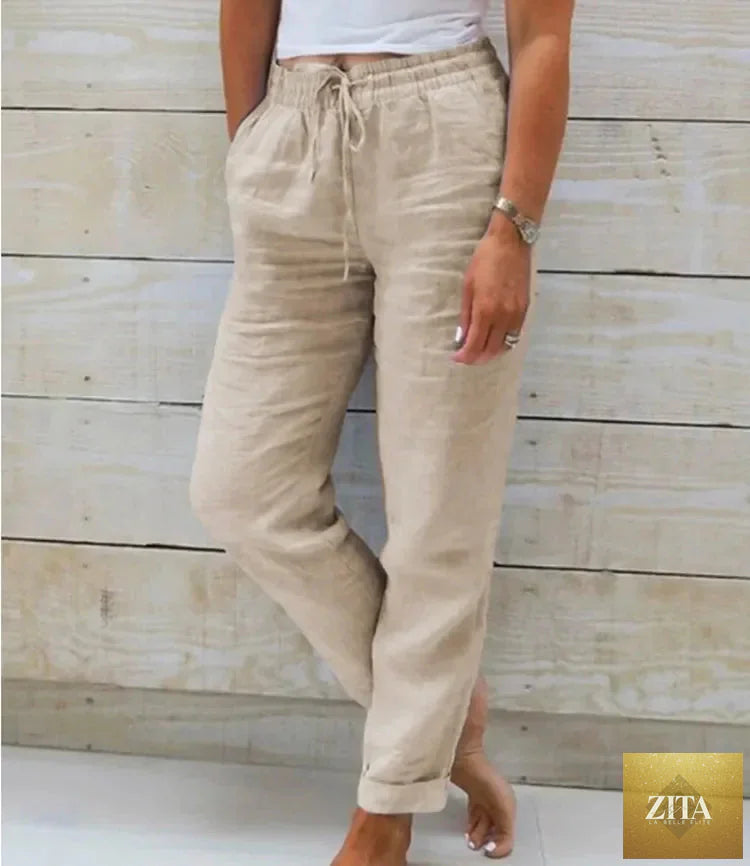 Ladyez women's cotton linen summer pants with high waist, elastic waistband, casual loose fit, solid color, streetwear style