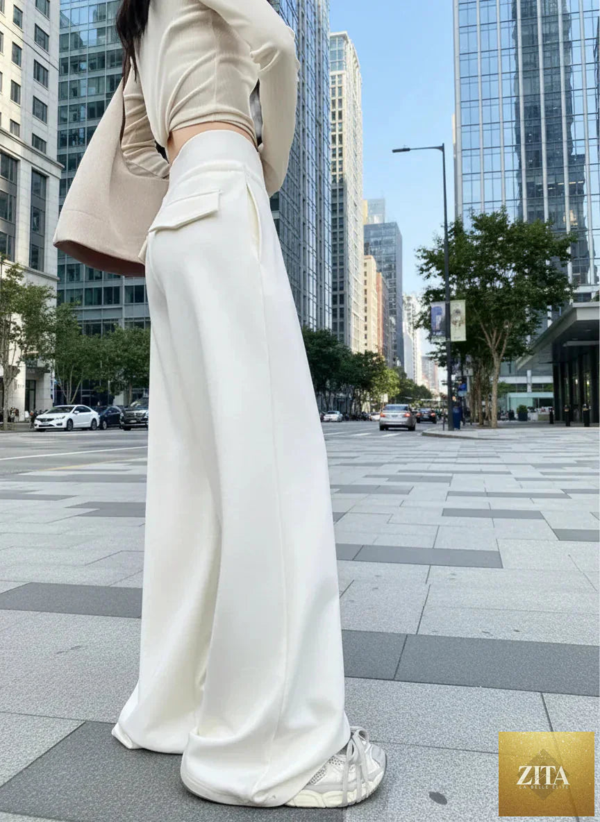 Gray high-waist loose wide-leg straight pants for women, casualwear by FitiqueFit, shown on a model.