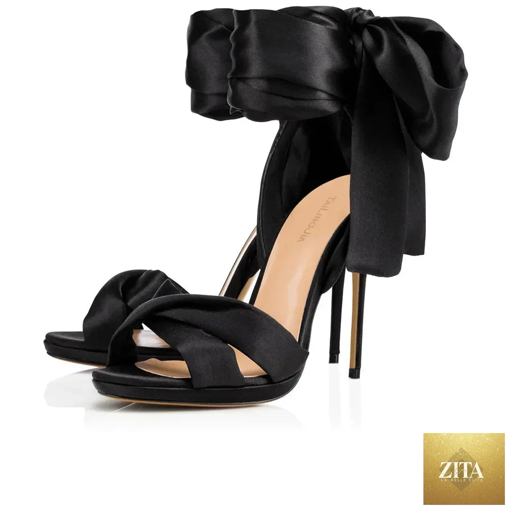 Satin bow cross-band open-toe women sandals with thin high heels, summer sexy footwear by SMinvite, LLC