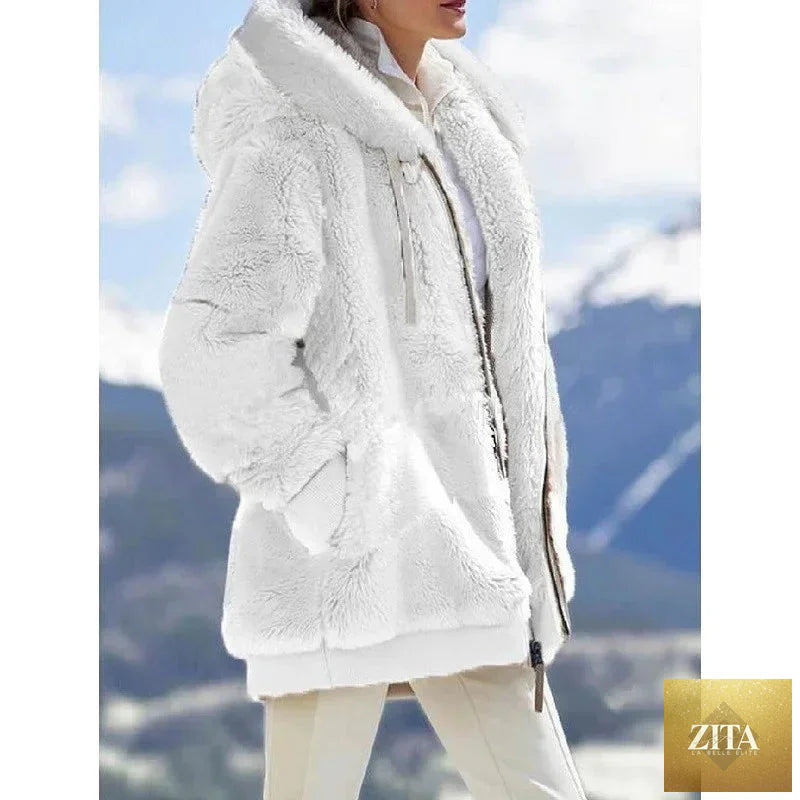 Women’s winter faux fur jacket with plush hood, soft fleece lining, and zipper closure, featuring a thick, casual fashion coat by LadyShow.