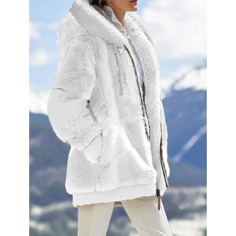 Women’s winter faux fur jacket by LadyShow.Store featuring a plush, hooded fleece coat with a zipper and thick, soft cashmere-like fabric.