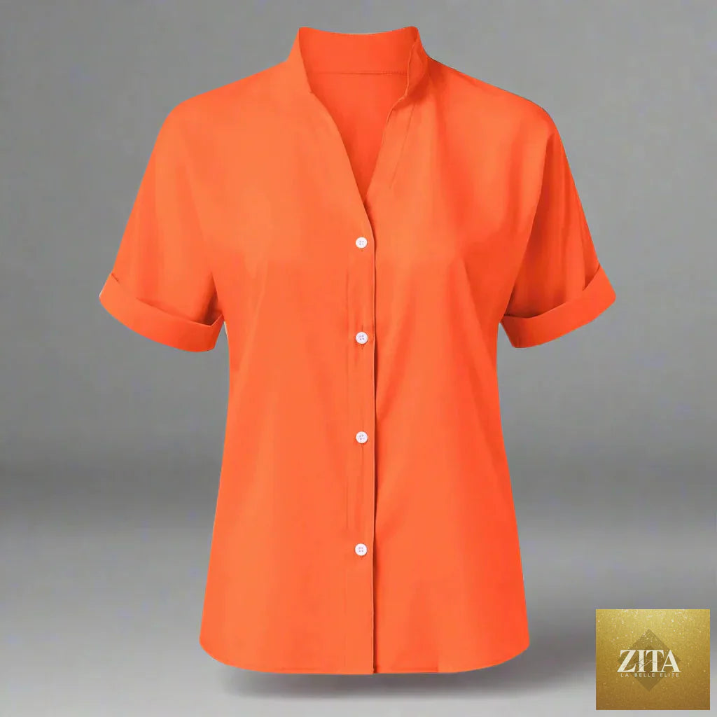 FitiqueFit women's satin V-neck short sleeve shirt, elegant casual summer wear in soft fabric, shown in a light-colored design.