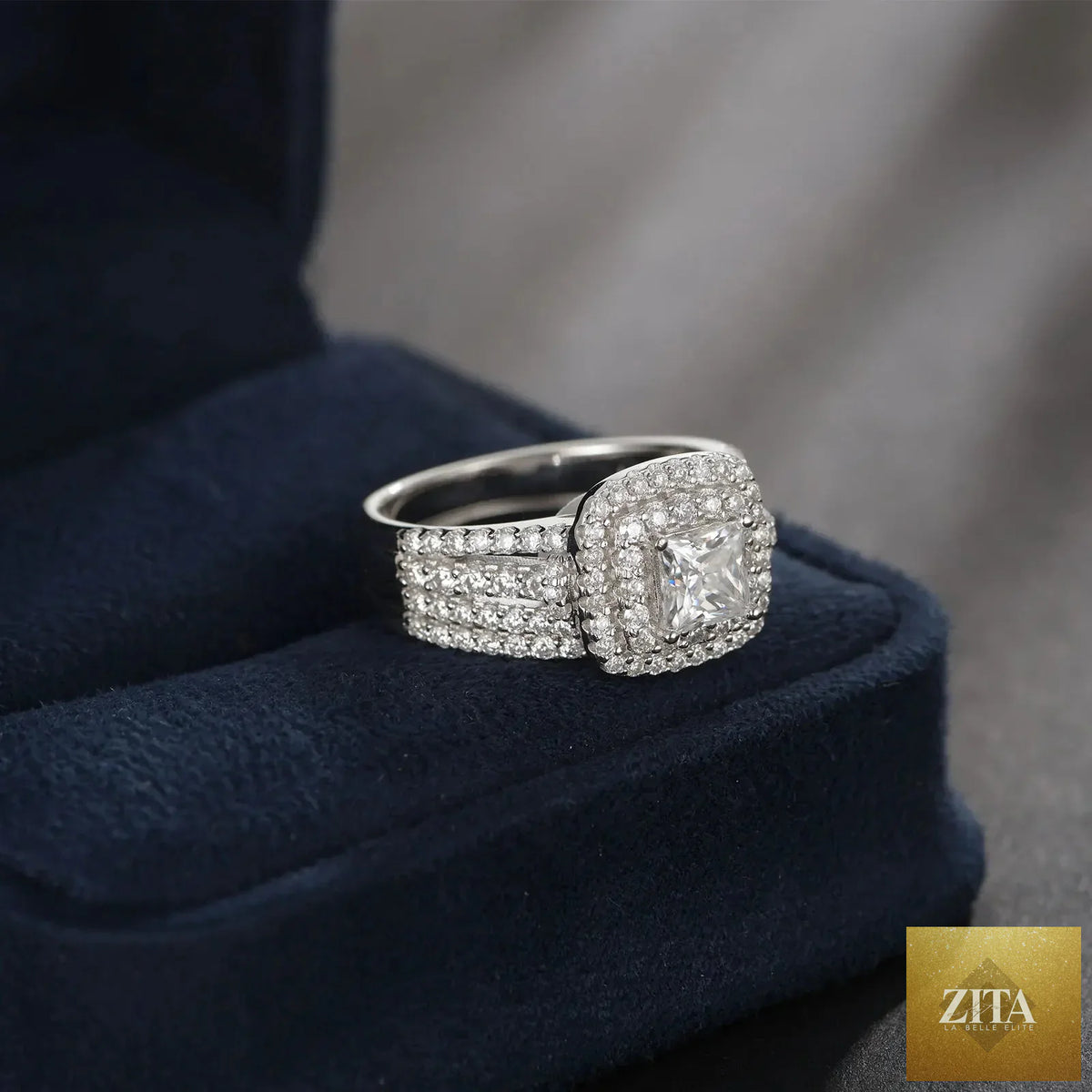Luxury Newshe Certified Moissanite wedding ring set for women featuring halo princess cut stones in 925 sterling silver jewelry.