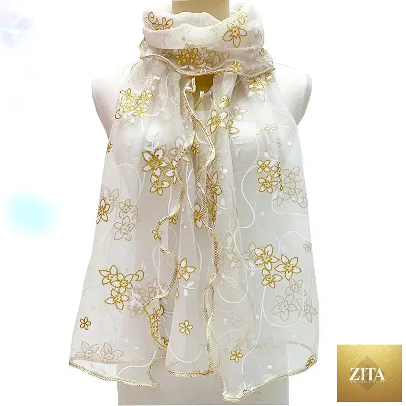 Lightweight women lace scarf with elegant printed silk design, versatile neckerchief or shawl wrap, by Trendy Attic Store01.