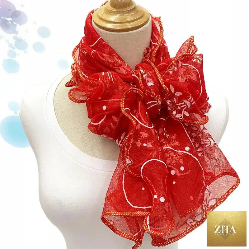 Lightweight lace scarf for women with elegant printed silk design, versatile neckerchief or shawl wrap by Trendy Attic.