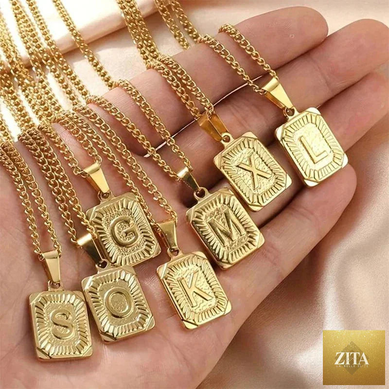 Initial pendant necklace for women featuring a stainless steel Cuba link chain with a square charm, stylish jewelry for men and women