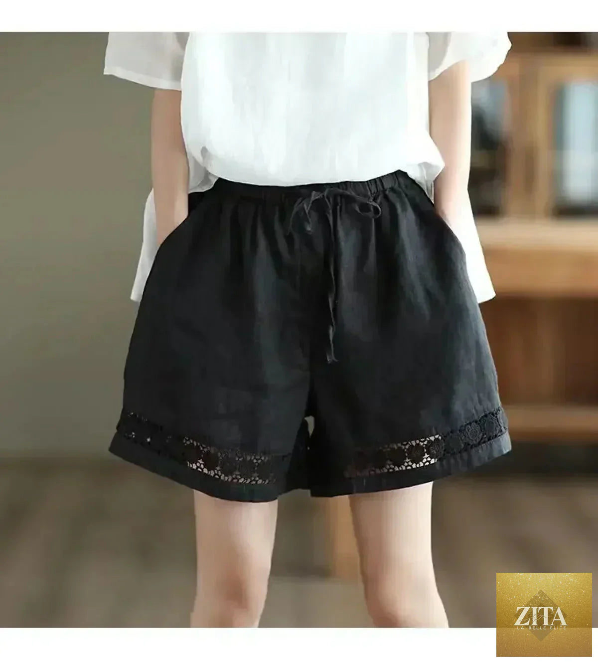 Femstylo cotton linen high-waist shorts with tie belt, embroidered hollow design, casual straight fit, vintage style.