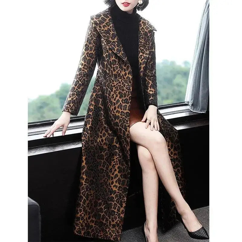 High End Fashion Leopard Coat Women Spring Autumn Korean Slim Long Trench Coat Female Windbreaker With Belt Mother Outwear 4XL ZITA LA BELLE ÉLITE