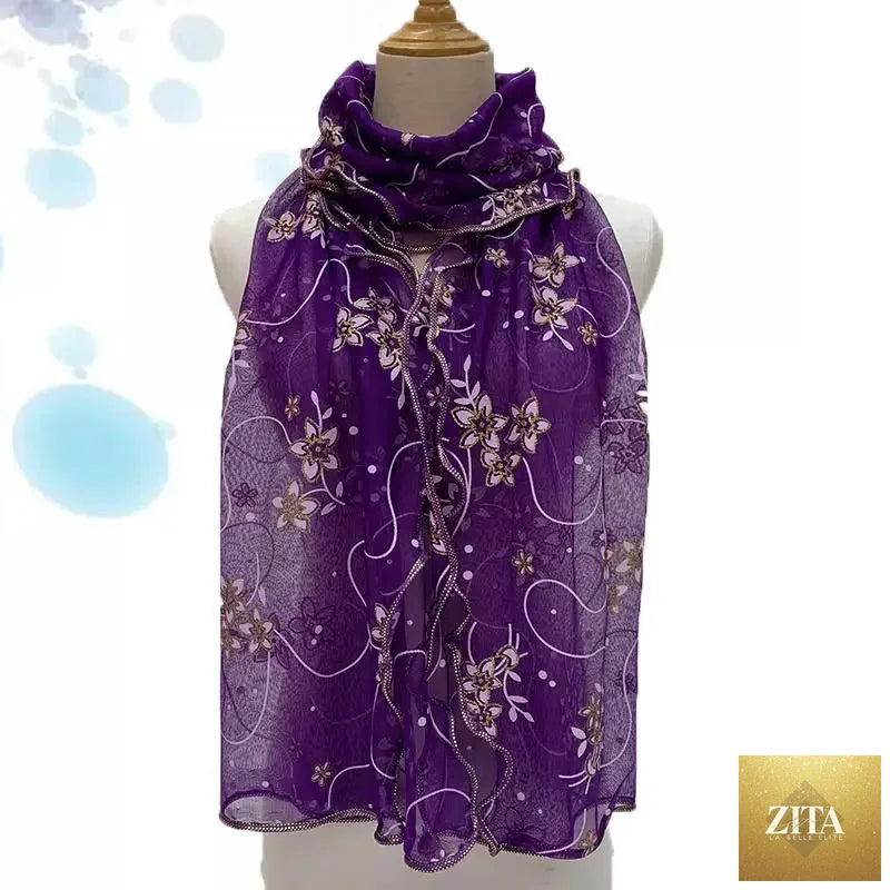 Elegant lightweight silk lace scarf with printed design, women’s neckerchief shawl wrap, stylish accessory from Trendy Attic Store01.