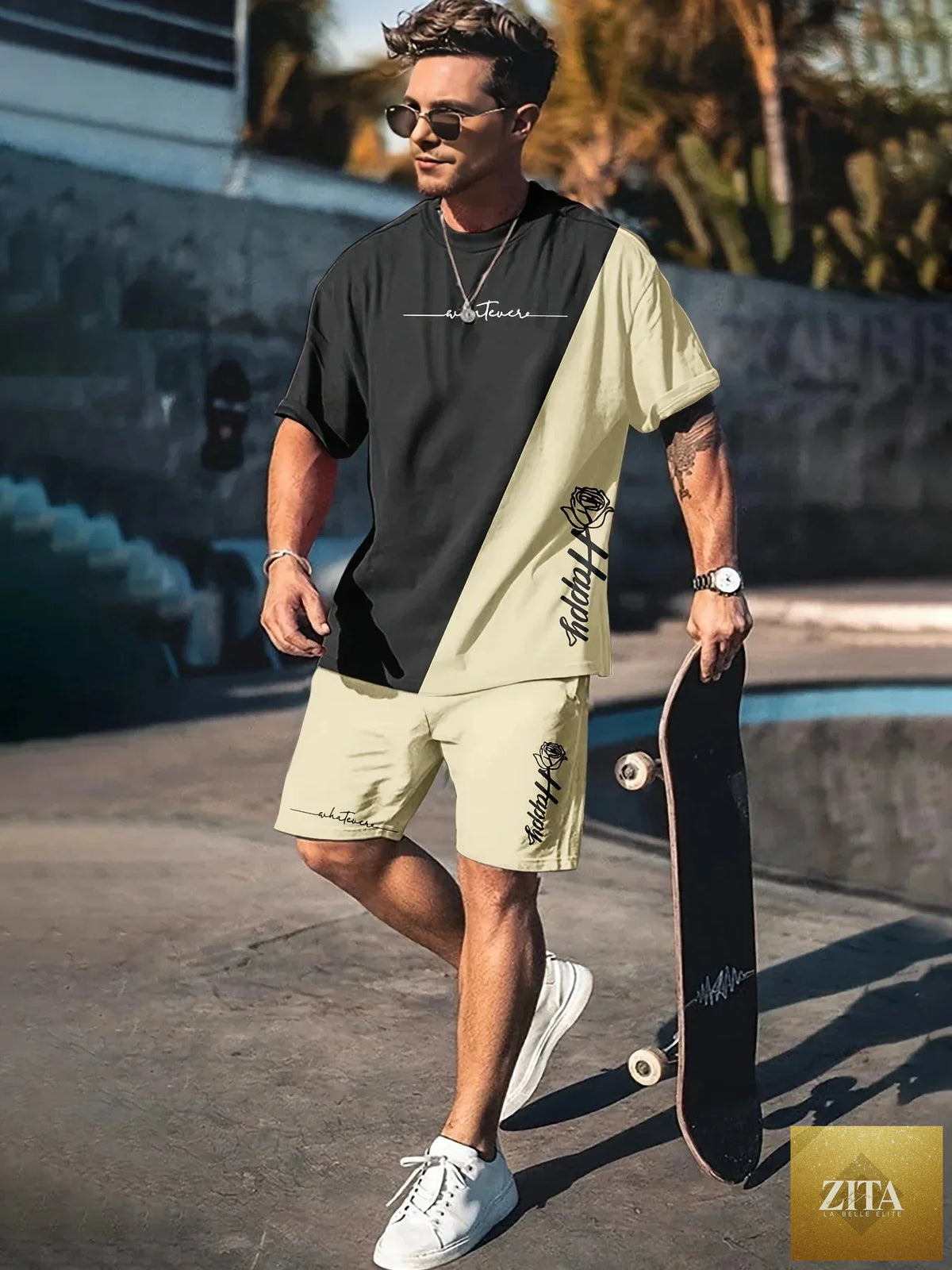 Summer men's 3D printed urban streetwear 2-piece set by Zita La Belle Elite, featuring bold graphic designs and casual fit.
