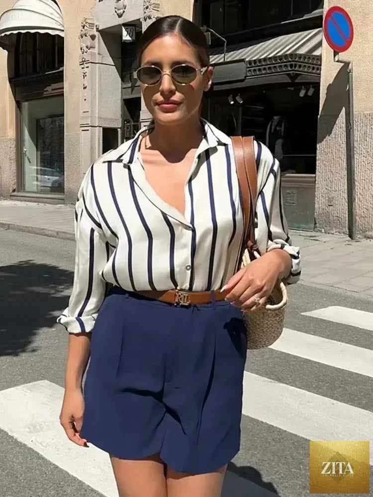 Ladyez oversized black striped shirt for women with turn-down collar, casual loose fit, vintage-inspired blouse for autumn and spring.