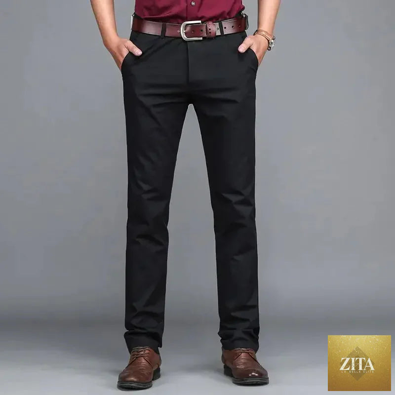 Light gray summer thin slim men's cotton casual suit pants with a straight fit and belt loops, suitable for warm weather.