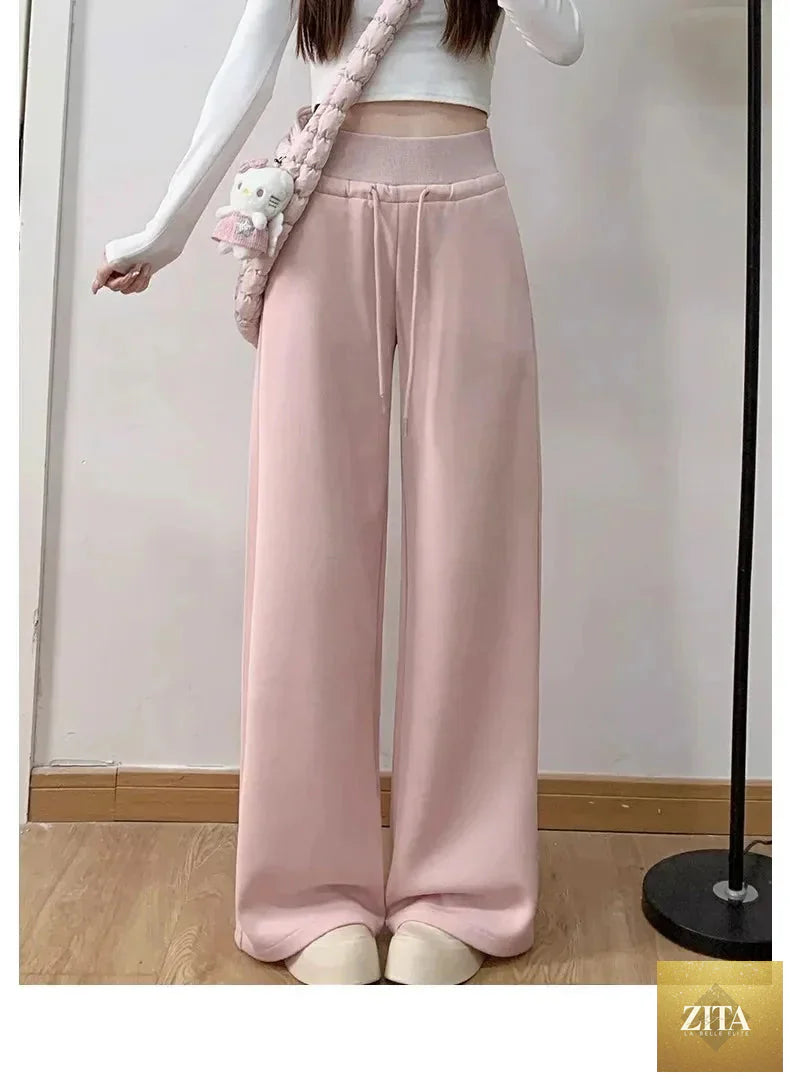 Gray high-waist loose wide-leg straight pants for women, casualwear by Zita La Belle Elite, shown flat on a white background.